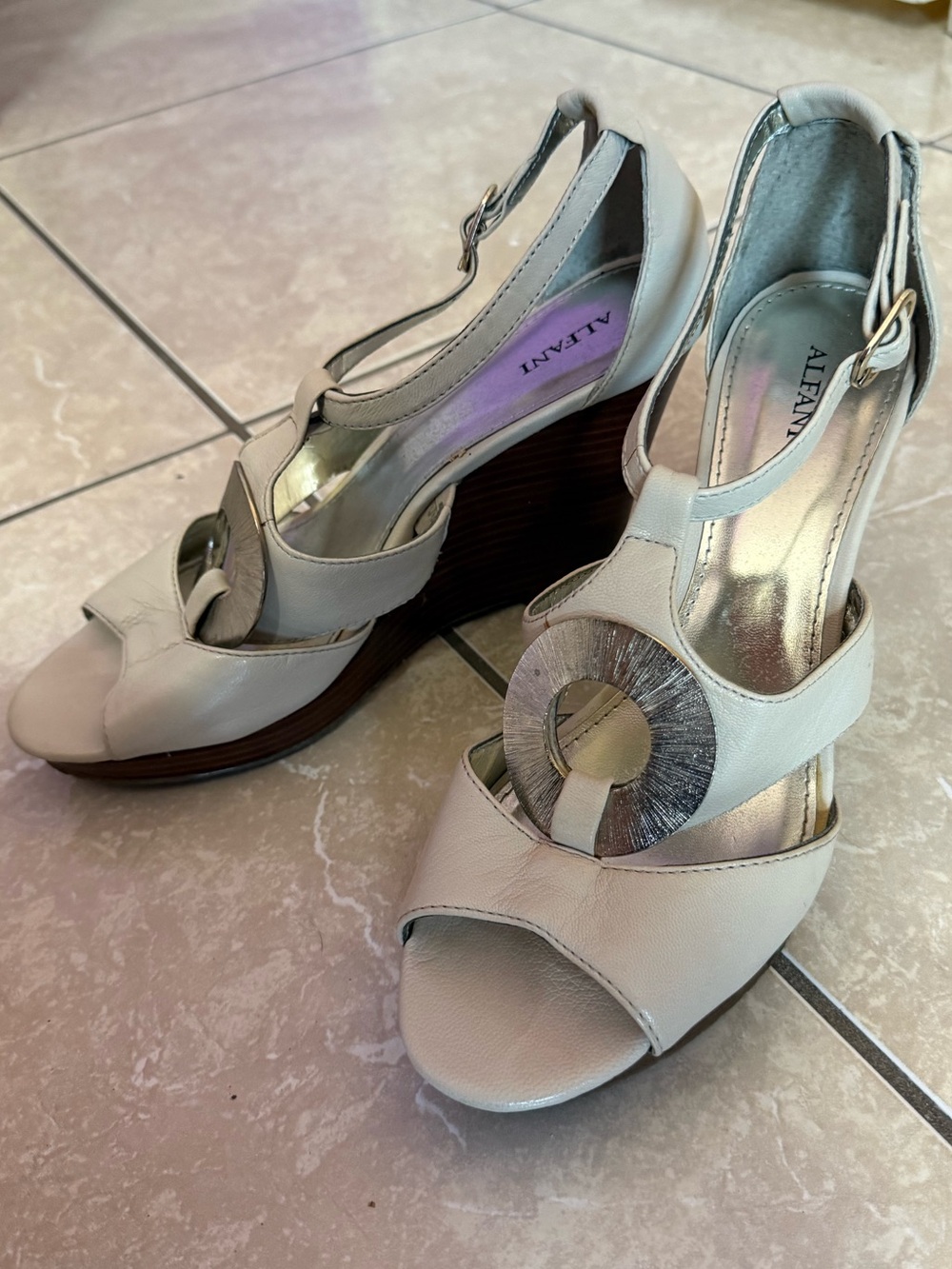 Alfani Metallic Silver T-Strap Heels with Circle Accent